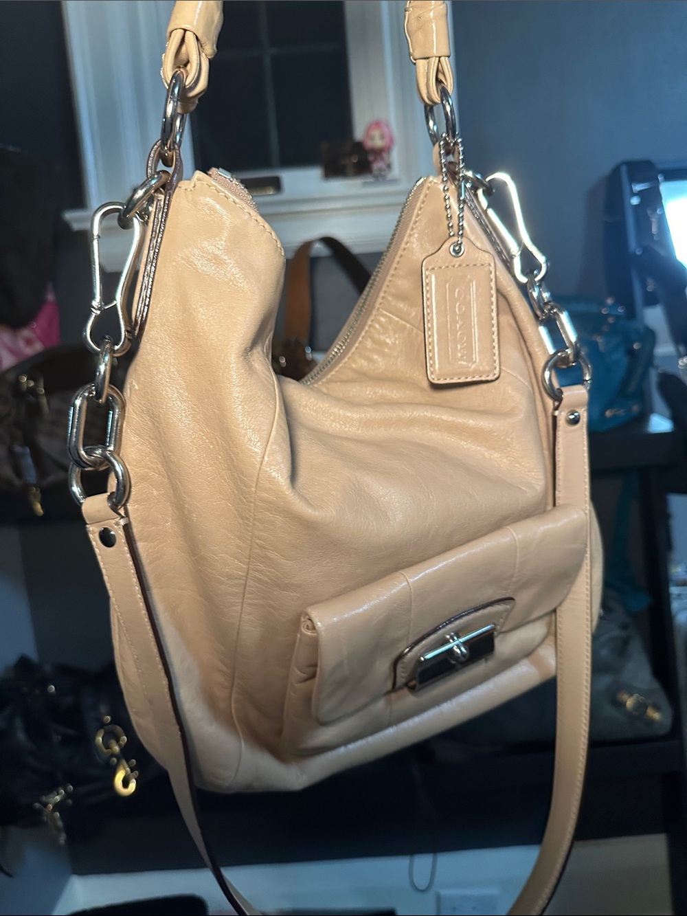 Coach Kristin Leather Hobo Bag long and short strap in Champaign/beige